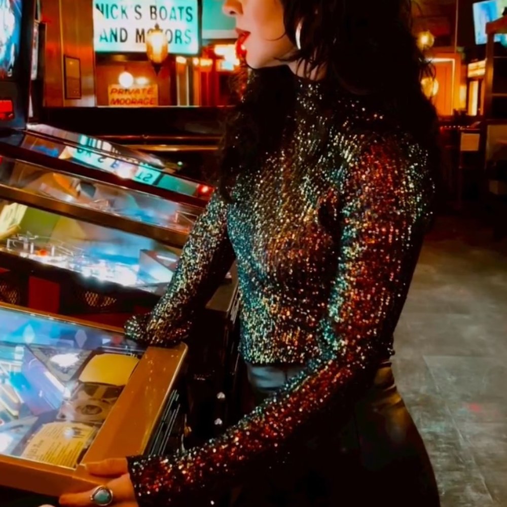 Way Out Sequin Stretch Mock Turtleneck From Gold … - image 1